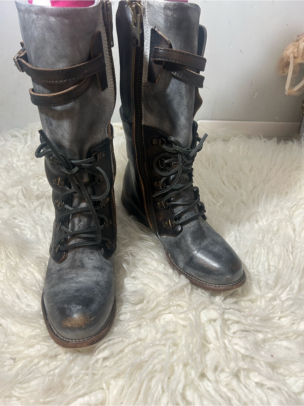 Freebird Ravi Two-Tone Brown & Gray Leather Lace-Up Ankle Boots size 8 - Picture 3 of 10